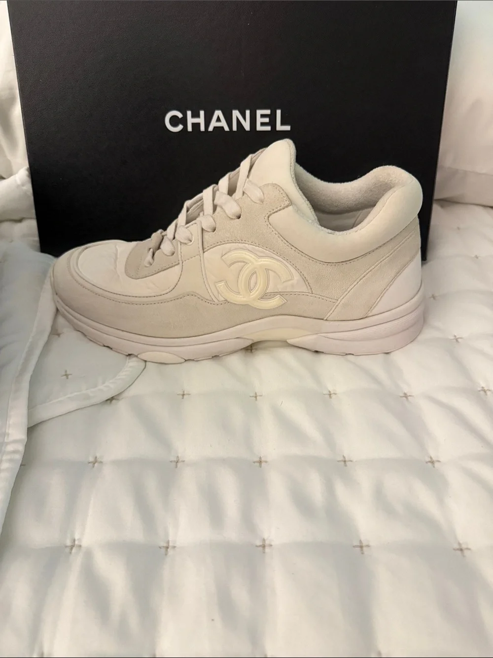 CHANEL Cream Suede CC Logo Sneaker - Women's